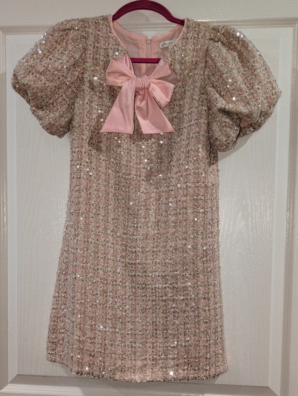 GB Girls Pink Sequin Tweed Dress with Satin Bow